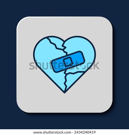 Filled outline Healed broken heart or divorce icon isolated on blue background. Shattered and patched heart. Love symbol. Valentines day.  Vector