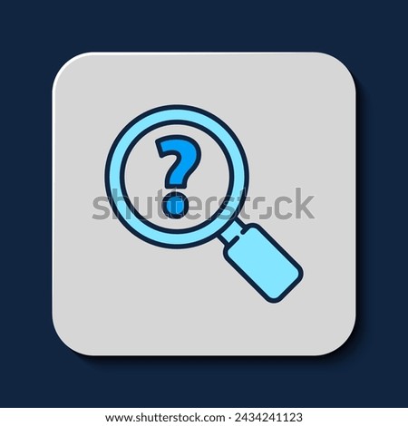 Filled outline Unknown search icon isolated on blue background. Magnifying glass and question mark.  Vector