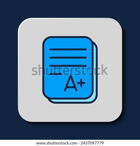 Filled outline Exam sheet with A plus grade icon isolated on blue background. Test paper, exam, or survey concept. School test or exam.  Vector