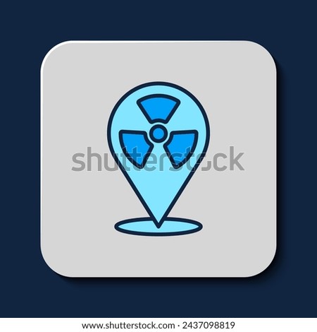 Filled outline Radioactive in location icon isolated on blue background. Radioactive toxic symbol. Radiation Hazard sign.  Vector