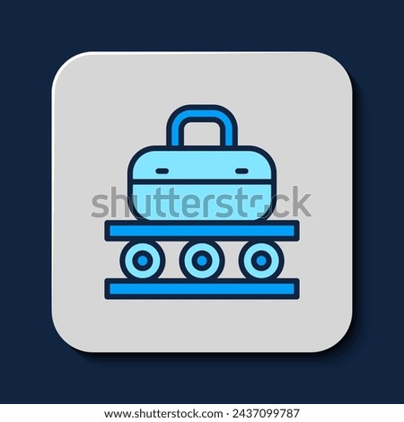 Filled outline Airport conveyor belt with passenger luggage, suitcase, bag, baggage icon isolated on blue background.  Vector