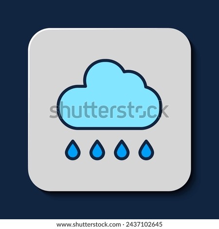 Filled outline Cloud with rain icon isolated on blue background. Rain cloud precipitation with rain drops.  Vector