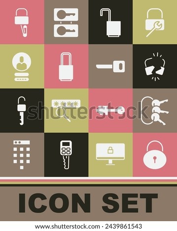 Set Lock, Bunch of keys, Broken or cracked lock, Open padlock, Create account screen, picks for picking and Key icon. Vector