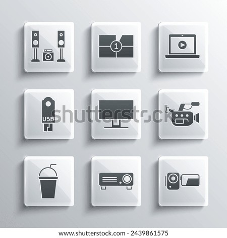 Set Movie, film, media projector, Cinema camera, Smart Tv, Paper glass with straw, USB flash drive, Home stereo two speakers and Online play video icon. Vector