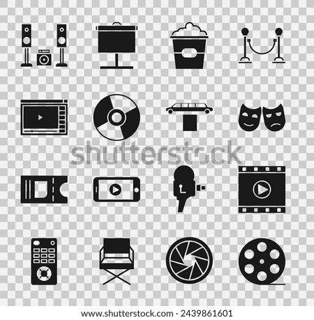 Set Film reel, Play Video, Comedy and tragedy masks, Popcorn in box, CD DVD disk, Online play video, Home stereo with two speakers and Limousine car carpet icon. Vector