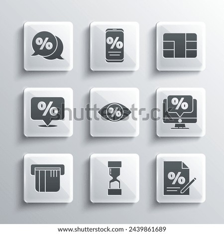 Set Old hourglass, Finance document, Percent discount and monitor, Eye with percent, Credit card, Discount tag,  and chip icon. Vector