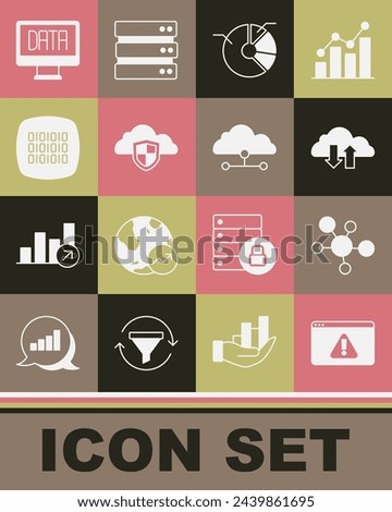 Set Browser with exclamation mark, Mind map infographic, Cloud download and upload, Pie chart, shield, Binary code, Data analysis and Network cloud connection icon. Vector