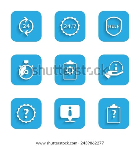 Set Checklist with 24 hours service, Information, Clipboard question marks, Question, Stopwatch, Shield text Help and Telephone support icon. Vector