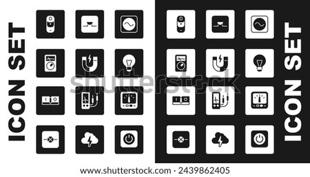Set AC voltage source, Magnet, Ampere meter, multimeter, Battery charge, Creative lamp light idea, Buzzer in electronic circuit,  and Electric switch icon. Vector