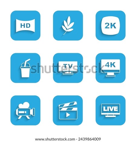 Set Smart Tv, Movie clapper, Live stream, Screen tv with 4k, Retro cinema camera, Paper glass water, 2k Ultra HD and Hd movie, tape, frame icon. Vector