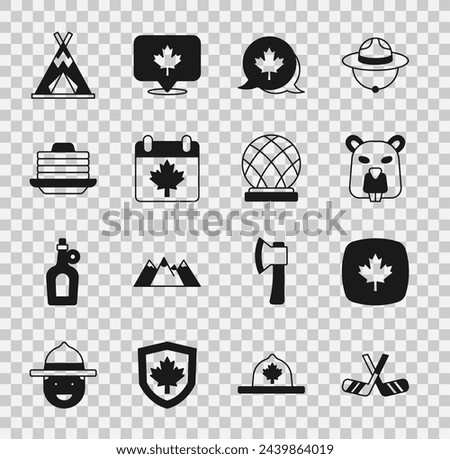 Set Ice hockey sticks, Canadian maple leaf, Beaver animal, Canada day with, Stack of pancakes, Indian teepee or wigwam and Montreal Biosphere icon. Vector