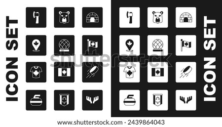 Set Igloo ice house, Montreal Biosphere, Canadian maple leaf, Wooden axe, Flag of Canada, Beaver animal, Hockey puck and jersey icon. Vector