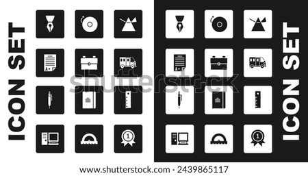 Set Light rays in prism, School backpack, Exam sheet with A plus grade, Fountain pen nib, Bus, Ringing alarm bell, Ruler and Pen icon. Vector