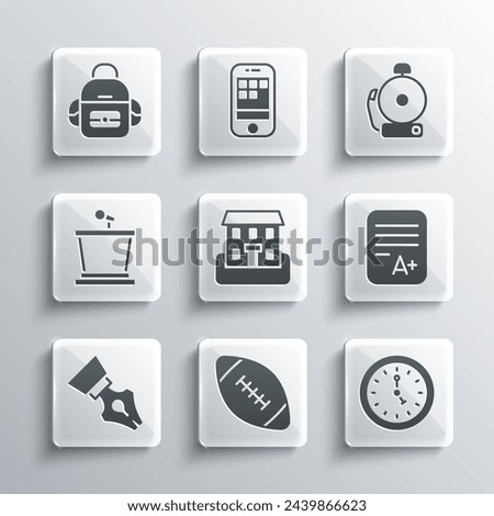 Set American football ball, Clock, Exam sheet with plus grade, School building, Fountain pen nib, Stage stand, backpack and Ringing alarm bell icon. Vector