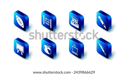 Set Abacus, School building, Pencil with eraser, Stage stand, Apple, Chalkboard and American football ball icon. Vector
