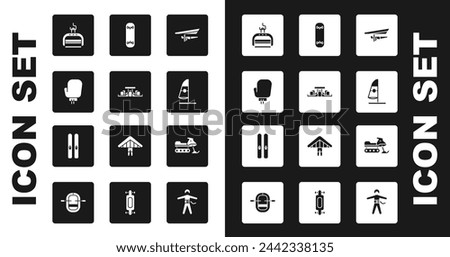 Set Hang glider, Formula 1 racing car, Boxing glove, Ski lift, Windsurfing, Skateboard trick, Snowmobile and and sticks icon. Vector