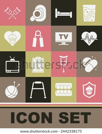 Set Grandmother, Medicine pill or tablet, Heart rate, Bed, Sport expander, Crutch crutches and Smart Tv icon. Vector
