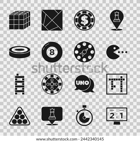 Set Sport mechanical scoreboard, Bingo, Pacman with eat, Casino chip dollar, Billiard pool snooker ball, Checker game chips, Rubik cube and Twister icon. Vector