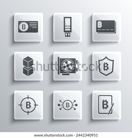 Set Bitcoin in circuit, Mining bitcoin from tablet, Shield with, Video graphic card, the target, Blockchain technology, Credit and  icon. Vector