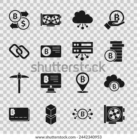 Set Video graphic card, Cryptocurrency cloud mining, Bitcoin, Credit with bitcoin, Chain link, exchange and Server icon. Vector