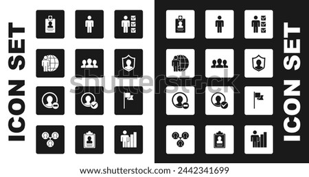 Set User of man in business suit, Users group, Head hunting, Identification badge, protection, Location marker and Create account screen icon. Vector