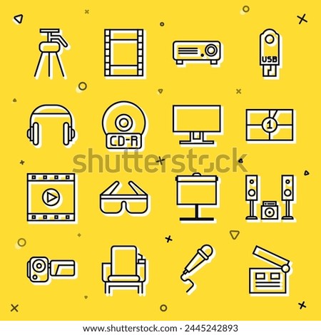 Set line Movie clapper, Home stereo with two speakers, Old film movie countdown frame, Movie, film, media projector, CD DVD disk, Headphones, Tripod and Smart Tv icon. Vector