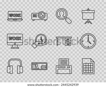 Set line Headphones, File document, Magnifying glass for search people, Shelf with books, Laptop text work, Clock, Printer and  icon. Vector