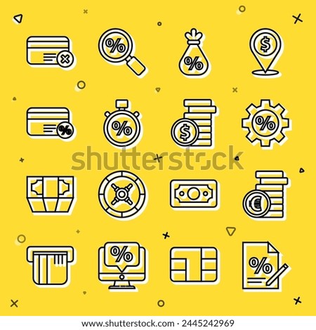 Set line Finance document, Coin money with euro symbol, Gear percent, Money bag, Stopwatch and, Discount card, Credit remove and dollar icon. Vector