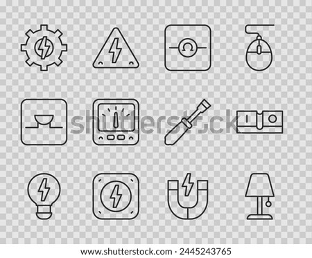 Set line Creative lamp light idea, Table, Ohmmeter, Lightning bolt, Gear and lightning, Ampere multimeter, Magnet and Electric switch icon. Vector