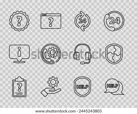 Set line Clipboard with question marks, Speech bubble text Help, Telephone 24 hours support, Settings in the hand, Question, Shield and  icon. Vector