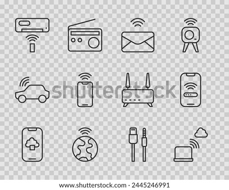 Set line Cloud technology data, Network cloud connection, Mail and e-mail, Global, Air conditioner, Mobile with wi-fi wireless, USB cable cord and  icon. Vector