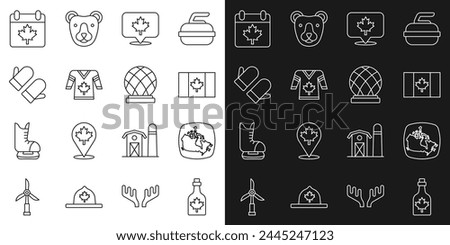 Set line Bottle of maple syrup, Canada, Flag, Canadian leaf, Hockey jersey, Christmas mitten, day with and Montreal Biosphere icon. Vector