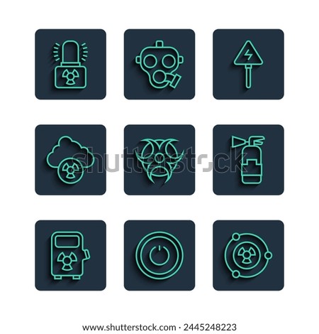 Set line Electric car charging station, Power button, Radioactive, High voltage sign, Biohazard symbol, Acid rain and radioactive cloud, warning lamp and Fire extinguisher icon. Vector