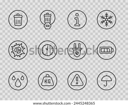 Set line Water drop, Delivery package with umbrella, Information, Weight, Trash can, Clock, Exclamation mark in triangle and Battery icon. Vector