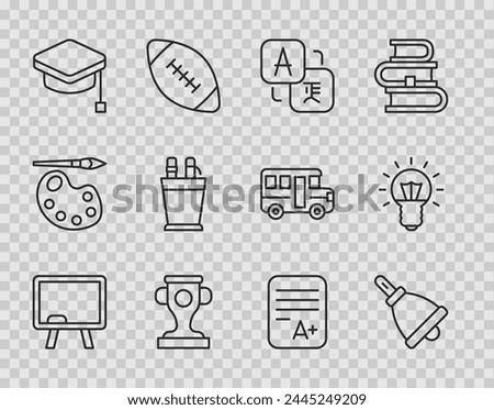 Set line Chalkboard, Ringing bell, Translator, Award cup, Graduation cap, Pencil case stationery, Exam sheet with plus grade and Light bulb icon. Vector