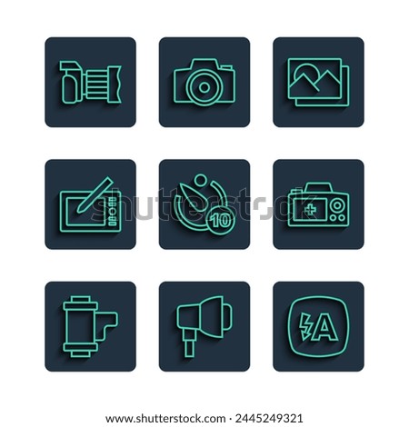 Set line Camera roll cartridge, Softbox light, Auto flash, Photo frame, timer, Graphic tablet, camera and  icon. Vector