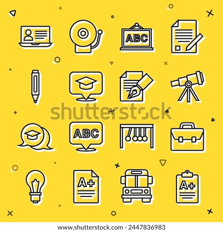 Set line Exam sheet with A plus grade, Briefcase, Telescope, Chalkboard, Graduation cap in speech bubble, Marker pen, Online class and and pencil icon. Vector