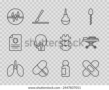Set line Lungs, Crossed bandage plaster, Enema, Medicine pill or tablet, Heart rate, Sore throat, Eye drop bottle and Stretcher icon. Vector