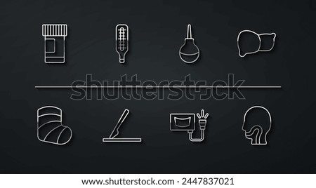 Set line Medicine bottle and pills, Gypsum, Human organ liver, Ultrasound, Medical surgery scalpel, thermometer, Sore throat and Enema icon. Vector