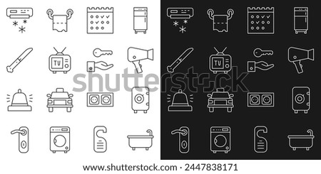 Set line Bathtub, Safe, Hair dryer, Hotel booking calendar, Retro tv, Knife, Air conditioner and door lock key icon. Vector