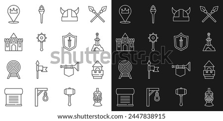 Set line Medieval iron helmet, Castle tower, Sword in the stone, Viking horned, chained mace ball, Castle, fortress, Location crown and shield with sword icon. Vector