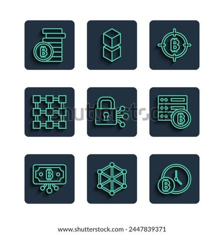 Set line Bitcoin with circuit, Blockchain technology, clock, the target, Lock bitcoin,  and Server icon. Vector