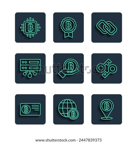 Set line Credit card with bitcoin, Globe Bitcoin, Chain link, Hand holding, Server, CPU mining farm and Cryptocurrency key icon. Vector