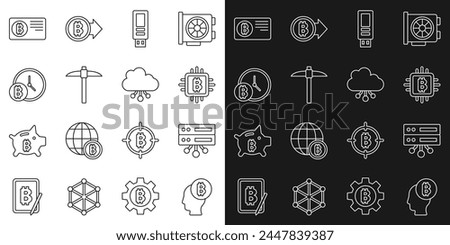 Set line Bitcoin think, Server, CPU mining farm, USB flash drive, Pickaxe, with clock, Credit card bitcoin and Cryptocurrency cloud icon. Vector