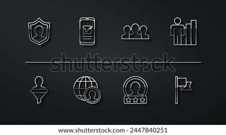 Set line User protection, Head hunting, Productive human, Create account screen, Globe and people, Smartphone, Location marker and Users group icon. Vector