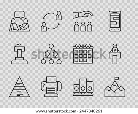 Set line Pyramid chart infographics, Mountains with flag, Boss employee, Printer, Two sitting men talking, Hierarchy organogram, Ranking star and Stage stand tribune icon. Vector
