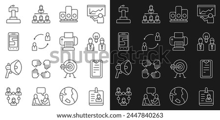 Set line Identification badge, Clipboard with checklist, People lamp bulb, Ranking star, Human resources, Chat messages phone, Stage stand or tribune and Printer icon. Vector