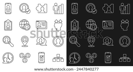 Set line Hierarchy organogram chart, Create account screen, User of man, Head hunting, Globe and people, Clipboard with resume, Mobile and Resume icon. Vector