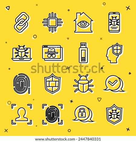 Set line System bug, Check mark in speech bubble, Head with shield, House eye scan, Browser incognito window, on monitor, Chain link and USB flash drive icon. Vector