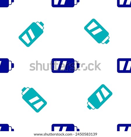 Blue Battery for camera icon isolated seamless pattern on white background. Lightning bolt symbol.  Vector